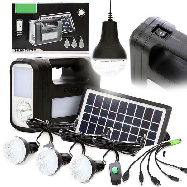Kit pentru iluminare cu lanterna, panou solar si 3 becuri LED, Radio, Maner, GDLITE 10
