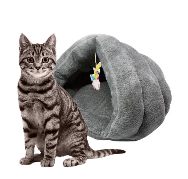 Culcuș de pluș pentru pisici tip iglu cu jucărie clopoțel, Gri, 40 cm